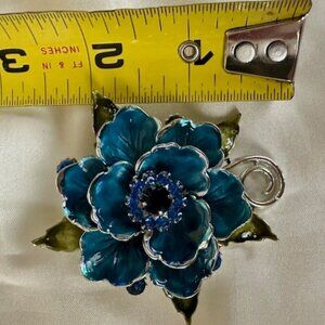SIGNED Vintage CORO Blue Green Enamel Blue Rhinestones FLOWER Shape Pin Brooch